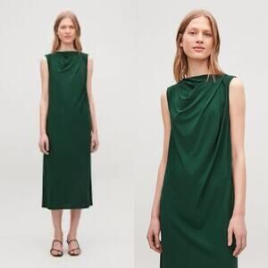 COS Women’s Twist Front High Neck Sleeveless Midi Dress Olive Green SZ Medium